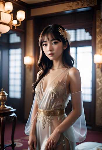 A woman is standing in front of a window with gold trim and a chandelier hanging from the ceiling. She is wearing a white dress with gold accents that includes a corset and a train. The background features a wooden paneled wall with a gold-colored door.