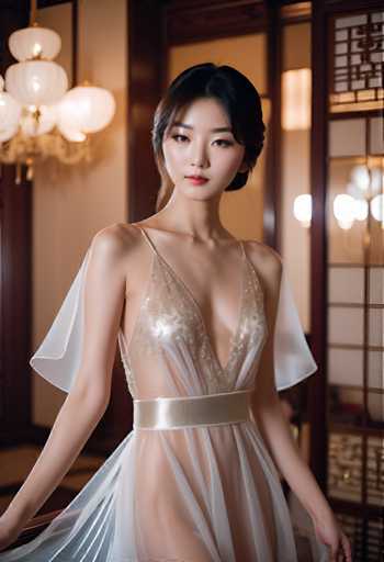 A young woman is captured in a moment of elegance and grace. She stands against the backdrop of a room with a wooden paneled wall that adds a rustic charm to the space. The woman is adorned in a white dress that cascades down to her feet, accentuating her figure. Her hair is styled in an updo, adding to her overall sophisticated appearance. The lighting in the room is soft and diffused, casting a warm glow on the scene.