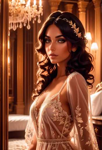 A woman with long brown hair is standing in front of a mirror wearing an elegant white dress with gold accents and a gold headpiece featuring a leaf design.