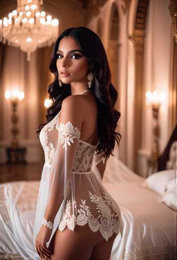 A woman is standing in front of a bed with white sheets and gold accents. She is wearing a white lace dress that has an intricate design on the bodice and skirt. The room features ornate chandeliers hanging from the ceiling, casting a warm glow throughout the space.