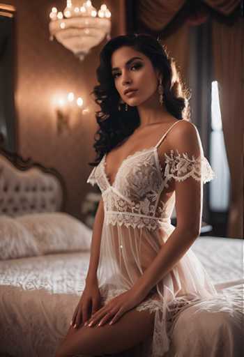 A woman is seated on a bed with white sheets and a white pillowcase. She is wearing a white lace dress that has a high neckline and ruffled sleeves. The room features a chandelier hanging from the ceiling and a window with curtains.
