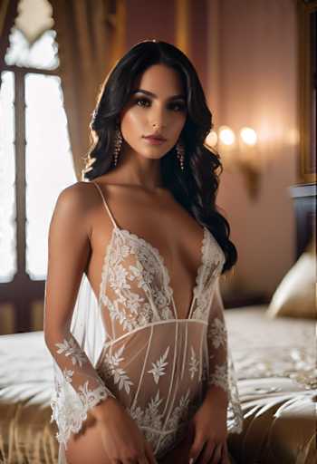 A woman is standing on a bed with her arms crossed and legs apart, wearing a white lace bodice and skirt that falls down to her knees. She has long dark hair styled in loose waves and is wearing earrings. The room features a large window with curtains, allowing natural light to illuminate the space.