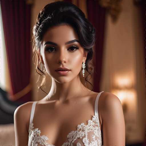 A woman with long dark hair is captured from a close-up angle against a backdrop of red curtains and gold accents. She is wearing a white strapless dress adorned with lace detailing that falls to her knees. The woman's gaze is directed straight at the camera, creating an engaging visual connection between the viewer and the subject.