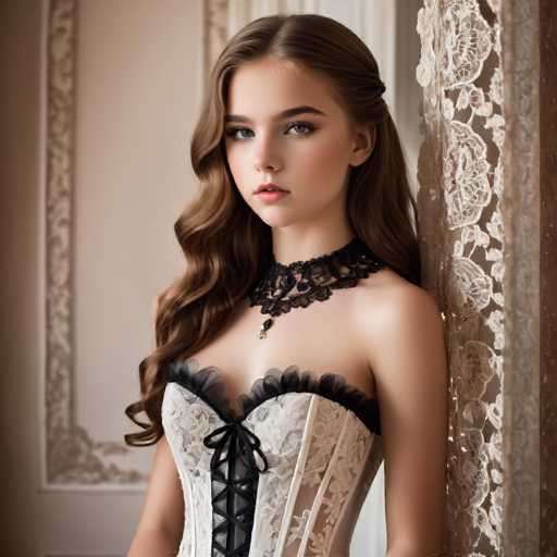 A young woman with long brown hair is standing against a white wall adorned with lace curtains. She is wearing a white corset and a black necklace that features a pendant. The image does not contain any text or other discernible objects.