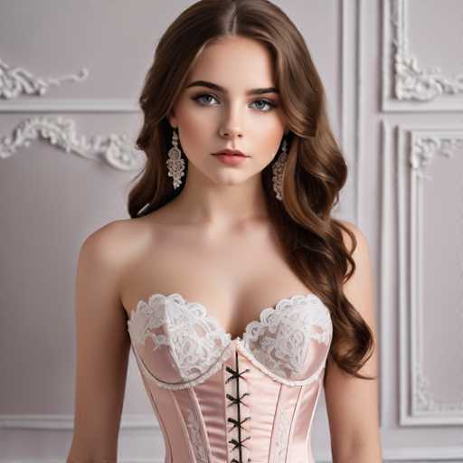 A young woman with long brown hair is the central figure in this image. She is wearing a pink strapless corset that features lace detailing and a high collar. The background of the image is a white wall adorned with an ornate design, which adds to the overall elegance of the scene.