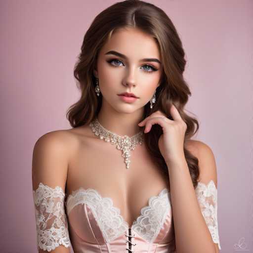 A young woman with long brown hair is the central figure in this image. She is wearing a white lace bra and matching corset that accentuates her curves. The background is a soft pink color, which complements the woman's attire. The woman has her left hand resting on her hip and her right hand gently touching her chin.
