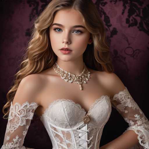 A young woman with long blonde hair is the central figure in this image. She is wearing a white strapless dress that features lace sleeves and a corset-like bodice. The dress has a high neckline and a pendant necklace made of pearls. The background is a dark purple color, which contrasts with the woman's light skin tone.