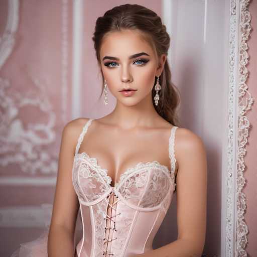 A woman is captured in a close-up portrait against a pink wall with white lace trim. She wears a corset and earrings that complement her outfit. The background features a mirror reflecting the room's interior design elements.
