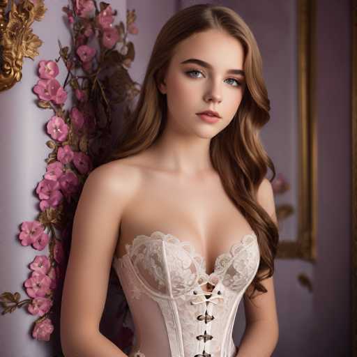 A young woman with long brown hair is standing against a purple wall adorned with pink flowers and gold accents. She is wearing a white strapless corset that features lace detailing on the bodice and bust area. The woman's gaze is directed straight at the camera, creating an engaging portrait.