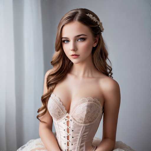A woman with long brown hair is captured in a moment of quiet contemplation. She's dressed in a white strapless dress that contrasts beautifully against the light gray background. The dress features lace detailing and a corset-like shape, adding an air of elegance to her appearance. A gold headpiece adorns her hair, further enhancing her regal look. Her gaze is directed straight at the camera, creating a sense of connection with the viewer.