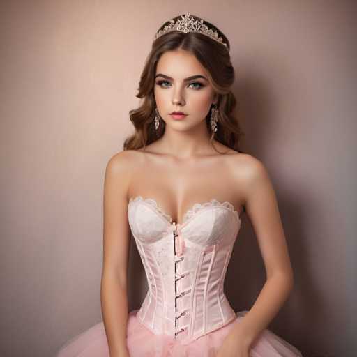A young woman with long brown hair is the central figure in this image. She is wearing a pink strapless corset and a tiara on her head. The background features a beige wall that complements the color of her dress.