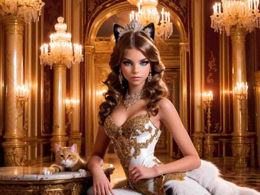 A woman is seated at a table with a cat on her lap. She is wearing a white dress and gold jewelry, including a tiara. The setting appears to be an opulent room with gold columns and chandeliers hanging from the ceiling.
