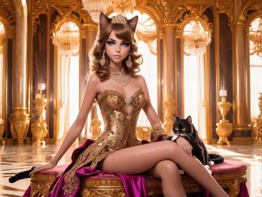 The image depicts a woman wearing a gold dress and earrings sitting on a pink bench with her legs crossed. A black cat is resting its head on the bench next to her. The setting appears to be an indoor space with ornate columns in the background.