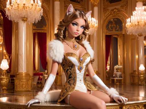 A woman is seated on a white marble pedestal in a grand room with gold accents and chandeliers hanging from the ceiling. She is wearing a white fur coat and a gold and white dress that features a corset and a skirt. The woman has blonde hair styled in loose waves, and she is wearing earrings.