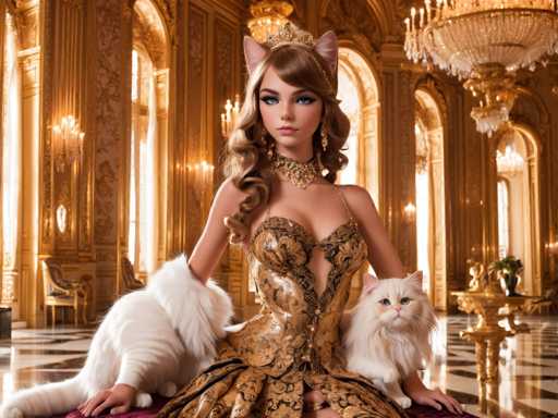 A woman wearing a gold and white dress with a cat on her lap is the main subject of this image. The setting appears to be an opulent room with gold walls and chandeliers hanging from the ceiling. A large window in the background allows natural light to illuminate the scene, creating a warm and inviting atmosphere.