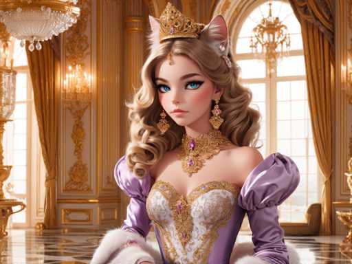 The image depicts a beautiful princess with blonde hair and blue eyes wearing a purple dress adorned with gold accents and a crown on her head. She is standing in front of a large window that offers a view of the palace's interior, which includes a chandelier hanging from the ceiling. The princess appears to be posing for the camera, suggesting she might be a subject or model in this image.