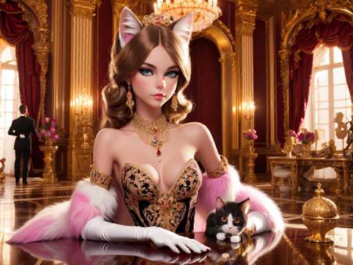 The image depicts a woman wearing a pink and white feathered dress with gold accents sitting at a table next to her cat. The room is ornate, featuring red curtains and gold chandeliers that add an air of elegance and grandeur. A man in a black suit can be seen standing behind the woman, suggesting a formal or royal setting.