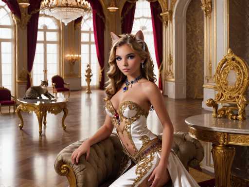 A woman is seated on a brown couch with her legs crossed and wearing a white dress adorned with gold accents. She has blonde hair styled in loose waves and is wearing a necklace that includes blue stones. The room features ornate gold furniture and red curtains, creating an opulent atmosphere. A cat can be seen sitting on the floor next to the woman's feet.