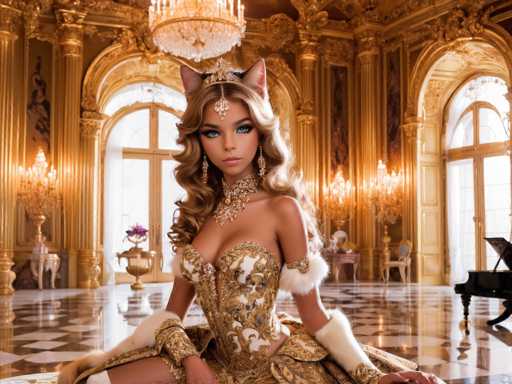 A woman is seated on a bench in a grand room with gold accents and chandeliers hanging from the ceiling. She is wearing a golden dress that features a fur collar and corset, and she has blonde hair styled in loose waves. The room also contains other people sitting at tables or standing near windows, suggesting it could be a social gathering or event taking place within this opulent setting.