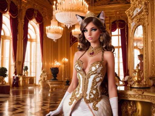 A woman is standing in front of a mirror wearing a white dress with gold accents and a tiara on her head. The room has gold curtains and chandeliers hanging from the ceiling, creating an opulent atmosphere. A vase can be seen on a table nearby.