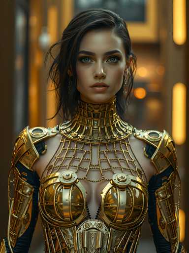 A woman is standing against a white wall with her back turned towards the camera. She is wearing a gold bodysuit that features intricate designs and patterns on the chest area. The woman has dark hair styled in loose waves and is looking directly at the camera with an intense gaze, suggesting she is aware of being photographed.