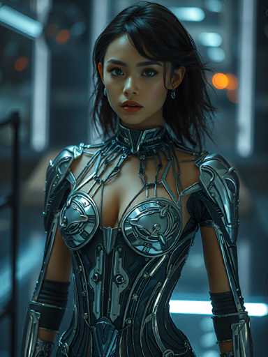 The image shows a woman wearing a futuristic silver bodysuit with intricate metal designs and metallic accents. The woman has dark hair styled in loose waves and is looking directly at the camera with an intense gaze.