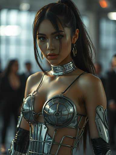 The image shows a woman with long dark hair wearing a futuristic silver bodysuit that includes a collar and shoulder pads. She is standing against a white background, which contrasts with her metallic appearance. The woman's gaze is directed straight at the camera, creating an engaging visual connection between the viewer and the subject of the photograph.