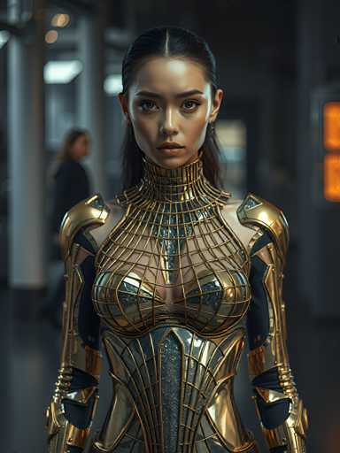 A woman is standing in front of a window with her back turned towards the camera. She is wearing a gold and black metallic bodysuit that features intricate designs on the chest area and arms. The background shows a hallway with a door visible behind the woman.