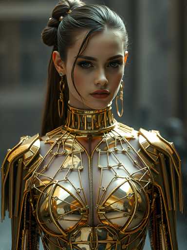 A woman with long brown hair wearing a gold and silver dress with intricate designs on the chest area and neckline. She is looking directly at the camera with an intense gaze.