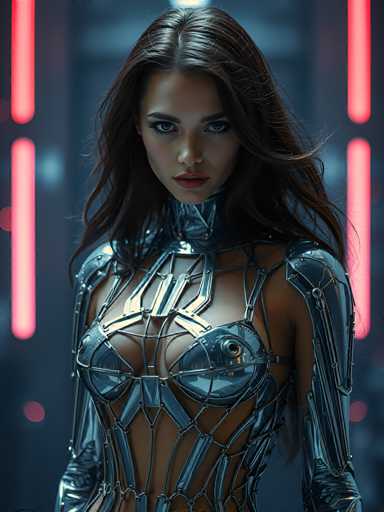 A woman with long brown hair is standing against a dark blue background that features red neon lights and a white wall. She is wearing a futuristic silver bodysuit with a mesh pattern on the chest area and arms.