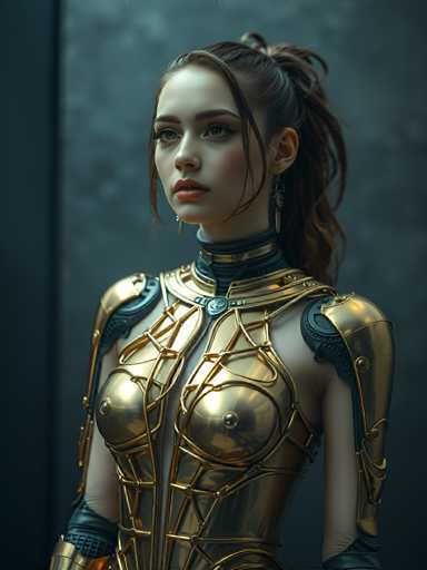 A woman with long brown hair and a ponytail is wearing a gold bodysuit that features intricate designs on the chest area and arms. She has her left hand resting on her hip and her right hand placed in front of her face, giving an impression of contemplation or deep thought. The background is a dark blue color, providing a stark contrast to the woman's golden attire.