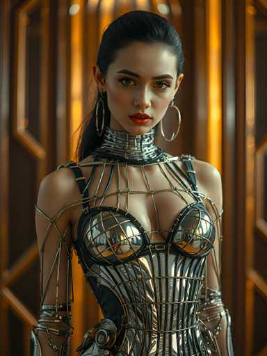 A woman is standing against a backdrop featuring a geometric pattern and gold accents. She is wearing a corset with intricate metalwork on the chest area and a metallic bodice that adds to her futuristic appearance. The woman has dark hair styled in an updo and is wearing large hoop earrings, which complement her overall look.
The image does not contain any discernible text or additional objects.