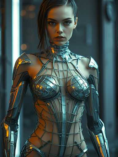 A woman is standing against a blue wall with her arms crossed and looking directly at the camera. She is wearing a futuristic silver bodysuit that features intricate metal mesh patterns on the chest area and legs. The image has a 3D effect to it, giving it an immersive feel.
