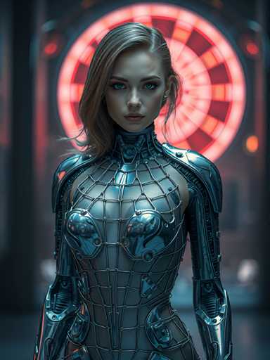 A woman is standing against a red and white circular background with a large neon sign behind her. She is wearing a futuristic silver suit that includes a helmet on the head and a body armor on the chest. The woman has long blonde hair and is looking directly at the camera.