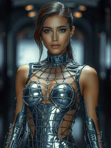 A woman is standing in front of a doorway with her arms crossed and looking directly at the camera. She is wearing a futuristic silver bodysuit that features intricate mesh patterns on the chest area and legs. The background is dark and out of focus, drawing attention to the woman as the main subject of the image.