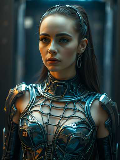 A woman is captured in a moment of quiet contemplation, her gaze directed off to the side with an air of mystery. She's dressed in a futuristic outfit that blends metallic silver and black hues, giving her an otherworldly appearance. The outfit includes a corset-like bodice adorned with intricate metalwork, and she wears a headband made of small circles, adding to the overall metallic aesthetic. The background is dark and out of focus, drawing attention to the woman as the focal point of the image.