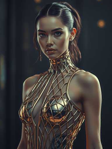 A woman is standing against a black background with her hair styled in an updo and wearing a gold dress that features intricate mesh designs on the bodice.