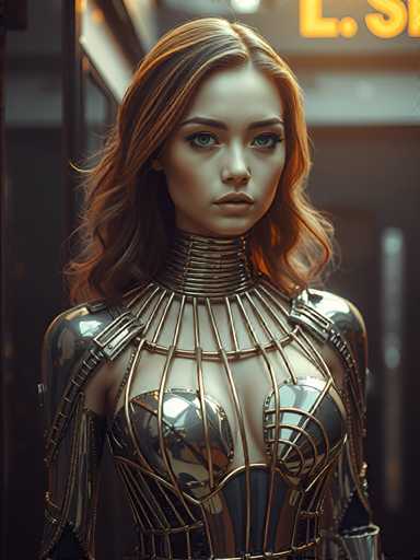 A woman with long brown hair and striking blue eyes is captured in a close-up portrait against the backdrop of an urban setting. She is wearing a metallic bodysuit that features intricate designs on her chest area, adding to the overall futuristic aesthetic of the image. The background reveals a city street lined with buildings, suggesting an urban environment.