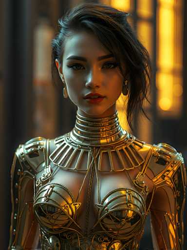 A woman is captured in a close-up portrait against an urban backdrop. She wears a gold bodysuit with intricate designs and a corset that accentuates her figure. The background features a building with large windows, suggesting the photo was taken in an urban setting.