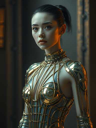 A woman is captured in a close-up portrait against a dark background with a gold and black metallic dress that features intricate designs on the bodice and sleeves. The woman's hair is styled in an updo, and she wears earrings as part of her attire.