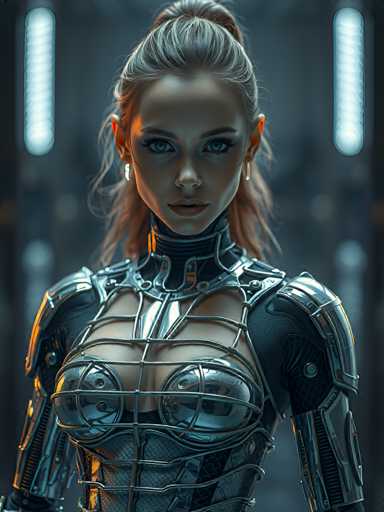 The image shows a close-up portrait of a woman with striking blue eyes and long blonde hair. She is wearing a futuristic silver suit that includes a corset and armor plates on her chest and back. The background features a stark white wall with two windows, one on the left side and another on the right side.