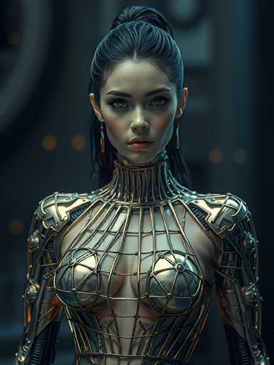 A woman with long dark hair is standing against a beige background and wearing a metallic outfit that includes a corset, bodysuit, and a headpiece made of wires and metal plates.