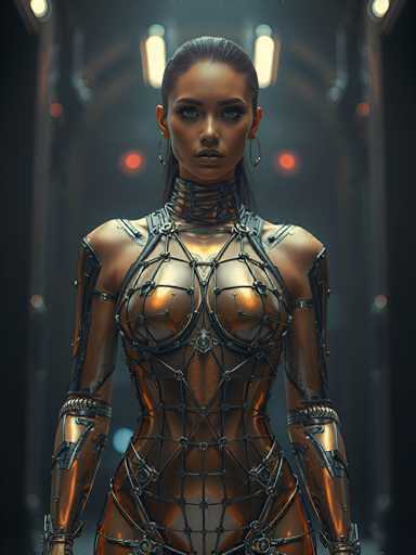 A woman is standing in front of a dark hallway with red lights on the ceiling and walls. She is wearing a metallic bodysuit that has a chain-like design around her neck and wrists. The woman's hair is styled in an updo, and she is looking directly at the camera with a serious expression.