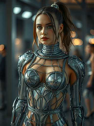 A woman is standing in front of a building with her back turned towards the camera. She is wearing a futuristic silver bodysuit that features intricate geometric patterns and metallic components. The woman has long brown hair styled into a ponytail and is wearing earrings.