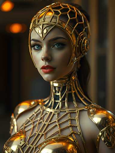 A woman is wearing a gold and black outfit with intricate designs on the chest area and neckline. She has striking blue eyes and red lips that contrast against her golden attire. The background features a simple gray wall, providing a neutral backdrop for the woman's striking appearance.