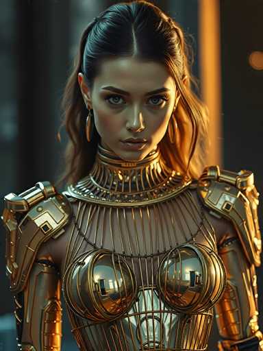 A woman is captured in a close-up portrait against a dark background. She wears a gold bodysuit with intricate metalwork and a corset that accentuates her figure. The lighting from the right side of the image casts a warm glow on her face, highlighting her features.