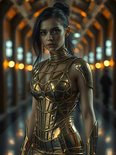 A woman stands confidently in an ornate hallway with a high collar and corset, wearing a gold bodysuit that features intricate designs on the chest area. The hallway is illuminated by warm orange lights, creating a striking contrast against her dark hair and skin tone. In the background, another person can be seen walking away from the camera.