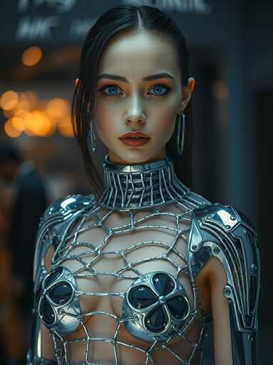 A woman with striking blue eyes and a bold red lip is captured in the center of the image against a dark background. She's wearing a futuristic outfit that includes a metallic bodysuit adorned with intricate silver mesh designs on her chest and arms. The woman has her hair styled in an elegant updo, adding to her overall futuristic appearance.