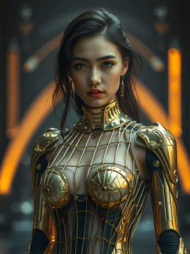 A woman with long dark hair is standing against a backdrop that features an archway and a large orange light. She is wearing a gold bodysuit with intricate designs on the chest area and arms. The woman's gaze is directed straight at the camera, creating a sense of connection between her and the viewer.