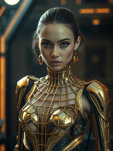 A woman is captured in a close-up portrait against a dark background with a large window and a door. She wears a gold bodysuit that features intricate mesh designs on the chest area, adding to her futuristic appearance. The woman's gaze is directed straight at the camera, creating an engaging visual connection between the subject and the viewer.